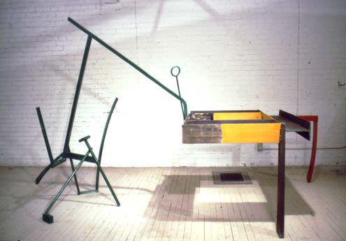 Piano 4 Hands 75 X 120 X 58 Polychrome Oiled and Galvanized Steel Copyright, &copy; A Fauteux 2002, all rights reserved  Andre Fauteux, Sable-Castelli Gallery Exhibition, &copy;2003, sculpture