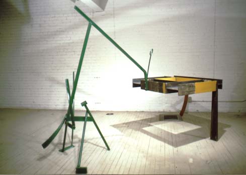 Piano 4 Hands{view 2} 75 X 120 X 58 Polychrome Oiled and Galvanized Steel Copyright, &copy; A Fauteux 2002, all rights reserved  Andre Fauteux, Sable-Castelli Gallery Exhibition, &copy;2003, sculpture